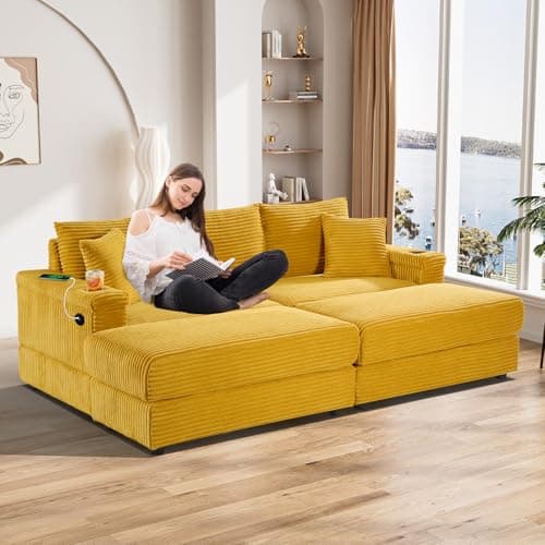 Oversized Corduroy Chaise Longue with Ottoman and USB Ports - Beige White Indoor Reclining Chair for Living Room.