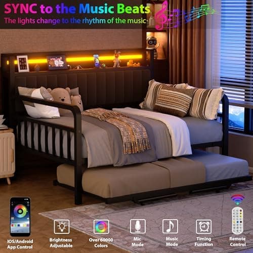 Daybed with Trundle and LED Light, Heavy Duty Metal Twin Bed Frame with Upholstered Storage Headboard & Charging Station, Day Bed Pop Up Trundle Bed Twin for Living Room,Bedroom and Guest Room (Black)