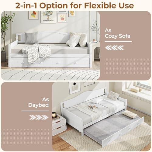 Giantex Twin Daybed with Trundle, Solid Wood Support, White Modern Bed