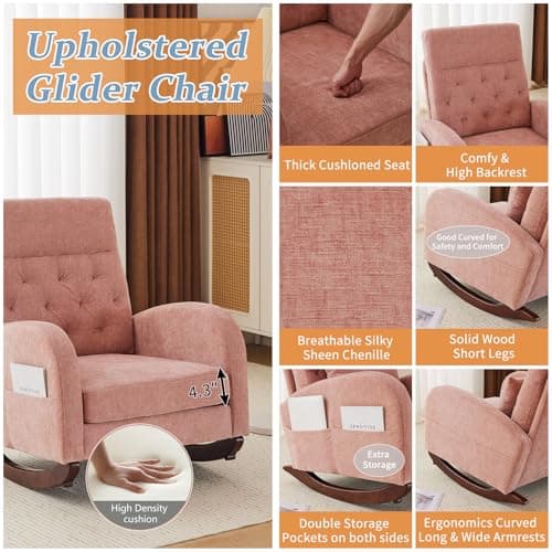 VINGLI Chenille Low Seat Rocking Chair, Pink with Side Pockets and High Backrest