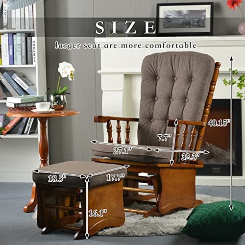 Anti-Pinch Rubber Wood Glider Chair Set with Ottoman, Antique Brown