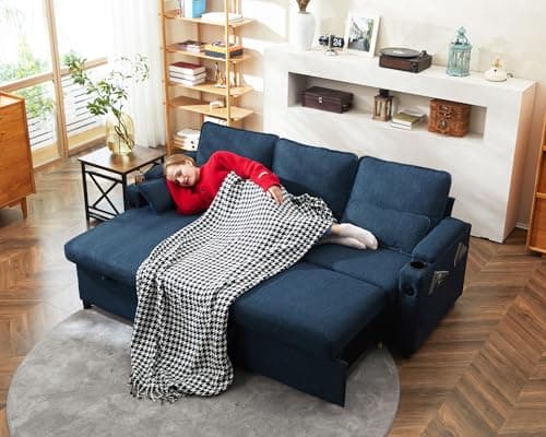 Blue Sectional Sleeper Sofa Bed with Storage, USB, and Cup Holders for Apartment Living Room