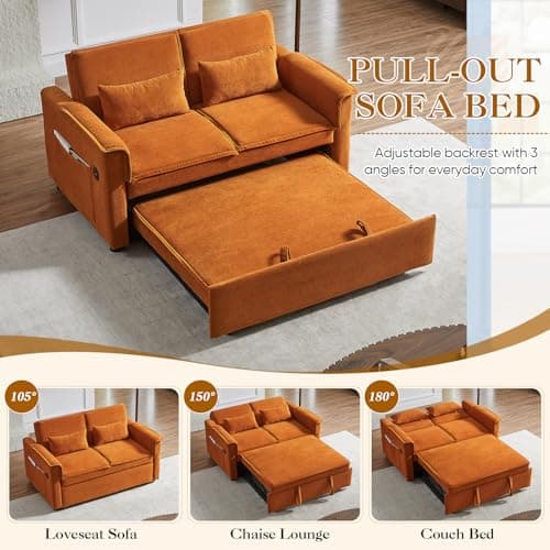 Antetek 3-in-1 Pull-Out Sofa Bed with Velvet Chaise Lounge, USB Charging, Orange