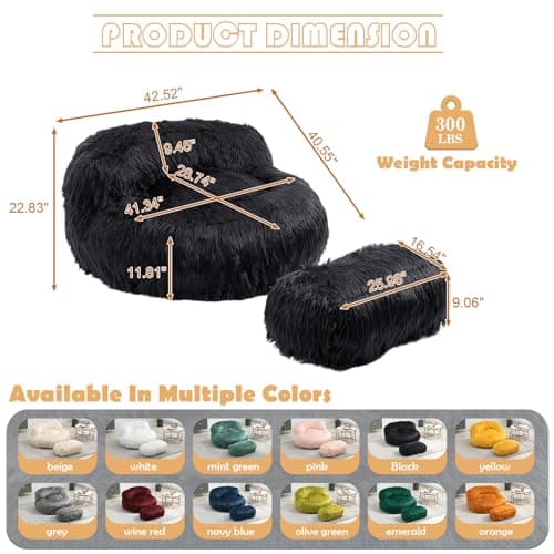Modern Fluffy Beanbag Chair with Ottoman for Adults and Kids, Black