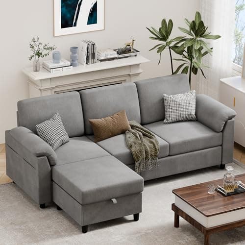 Vongrasig 79" L-Shaped Sectional with Storage Ottoman, Black Linen Fabric