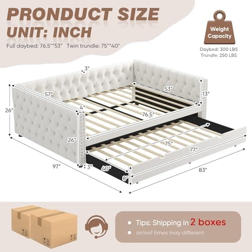 Antetek Full Size Velvet Upholstered Day Bed with Twin Pull Out Trundle for Living Room and Children's Room
| Modern Beige Daybed with Trundle for Living Room and Children's Room, No Box Spring Needed
| Antetek Full Size Velvet Daybed w/Twin Pull Ou