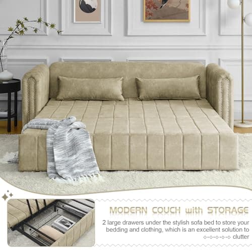 Antetek 82 Velvet Sleeper Sofa - Modern 3-Seat Couch with Pullout Bed & Pillows, Beige