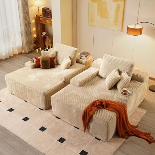 Beige Plush 48" Oversized Chaise Lounge Chair Bed with Throw Pillows