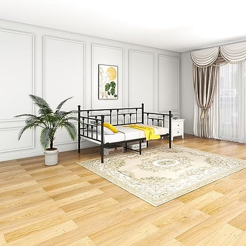 Black Metal Daybed Frame with Steel Slats, Twin Size Mattress Base