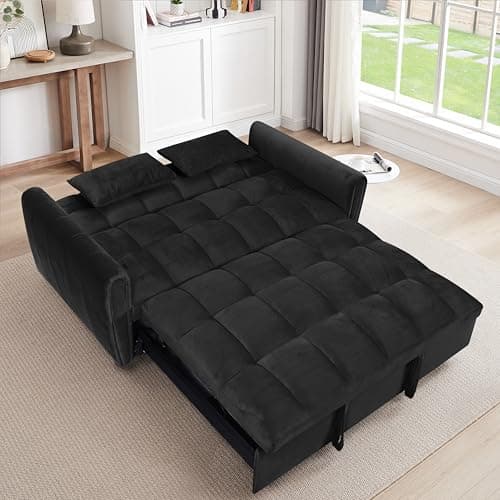 Ball & Cast 65" 3-in-1 Velvet Sleeper Sofa Bed with Adjustable Backrest & 2 Pillows, Black