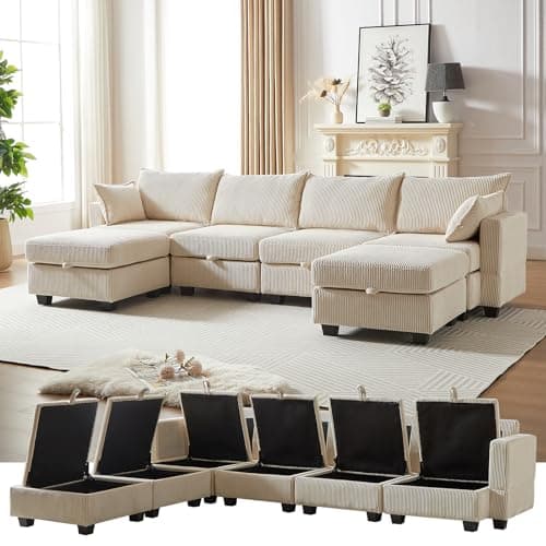 Antetek U-Shaped Sleeper Sofa Bed with Storage Ottoman, 6-Seat Corduroy Couch