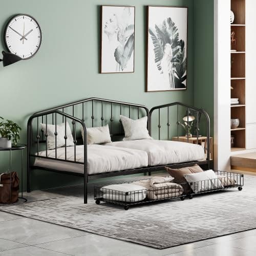Modern Metal Twin Day Bed with Pop Up Trundle, Steel Slat Support (Black)