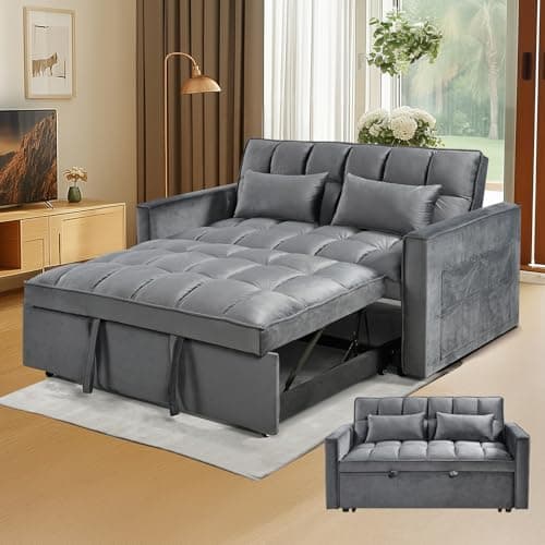 Grey 3-in-1 Convertible Velvet Bed Sofa, Pull-out Lounger with Reclining Backrest (55.1")