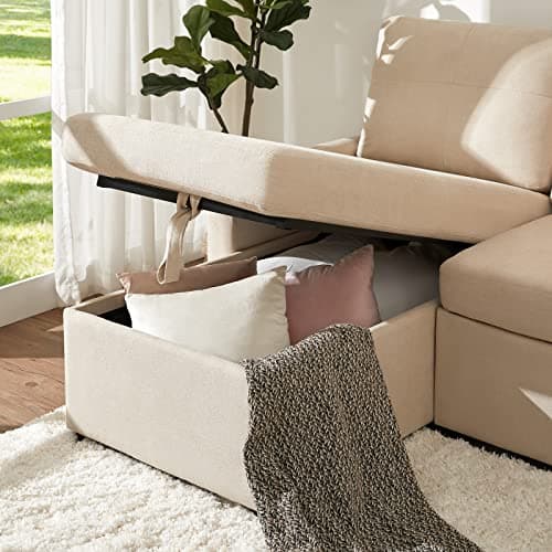 VanAcc Beige Chenille Sleeper Sofa with Storage Chaise