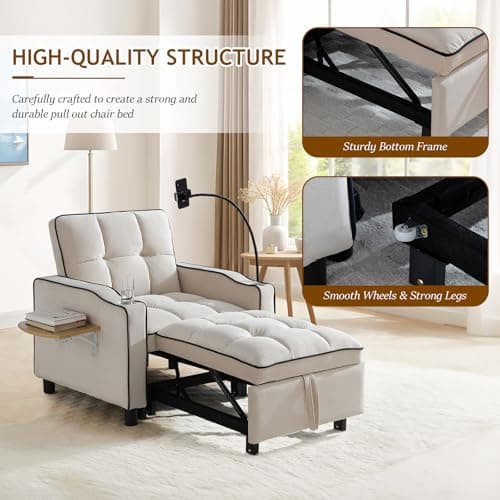 Modern Velvet Tufted Beige Convertible Sleeper Chair with Wing Table and Phone Holder