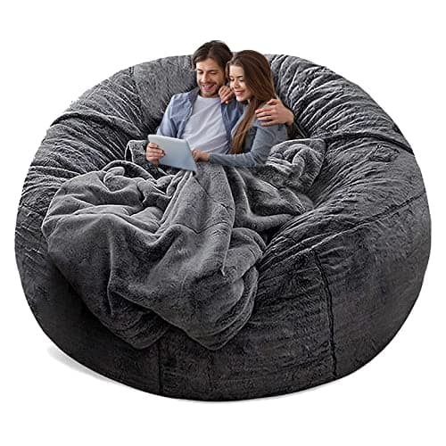 Dark Grey Big Round Soft Fluffy Bean Bag Chair Cover, Living Room Essential