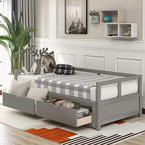 Meritline Extendable Daybed Frame, Twin to King, Gray Storage Drawers