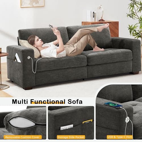 Hanherry 89" Living Room Sofa, Medium Firm Seat, USB Port, Chenille Fabric, Small Space