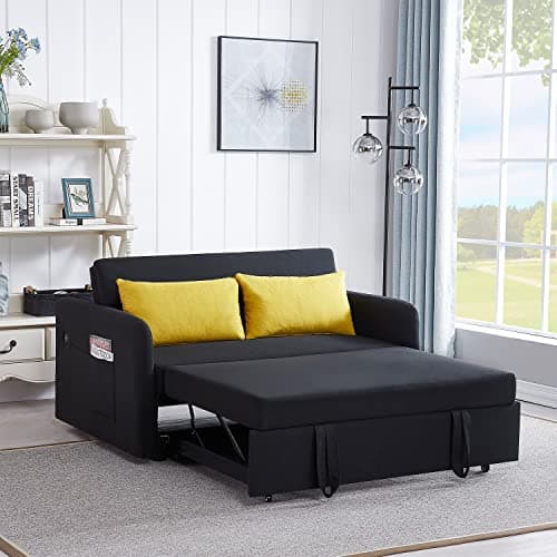 Antetek Convertible Sleeper Sofa Bed with 2 USB Port, 3 in 1 Modern Loveseat Couch with Pull-Out Bed, Small Love seat Sofa Bed with Adjustable Backrest & 2 Side Pockets (Grey)