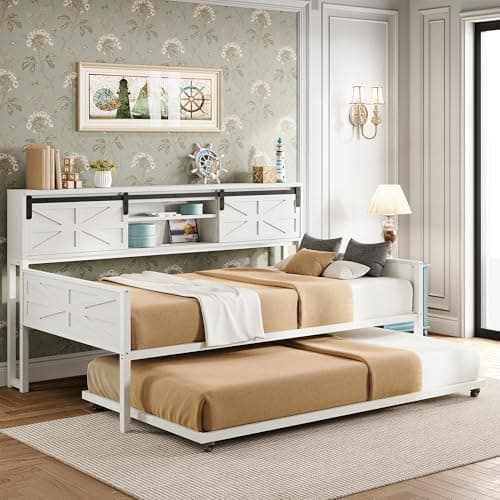 LIKIMIO Industrial Brown Daybed with Trundle, Storage & Charging Station
