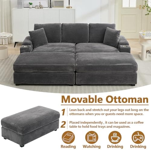 Oversized Grey Corduroy Chaise Lounge with Storage & 2 Pillows, 2 Ottomans, Cup Holder & USB Port