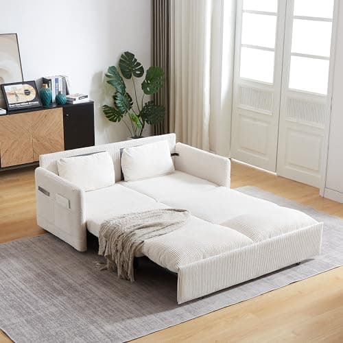 Eafurn 3-in-1 Convertible Pull-Out Sofa Bed Queen Size, Corduroy Lounge with Pillows & Storage
