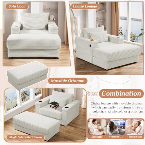 Oversized Corduroy Chaise Longue with Ottoman and USB Ports - Beige White Indoor Reclining Chair for Living Room.