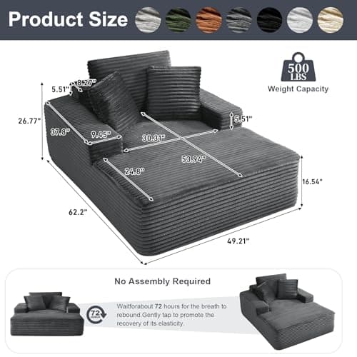 Oversized Dark Gray Faux Fur Chaise Lounge Chair with Recliner & Throw Pillows