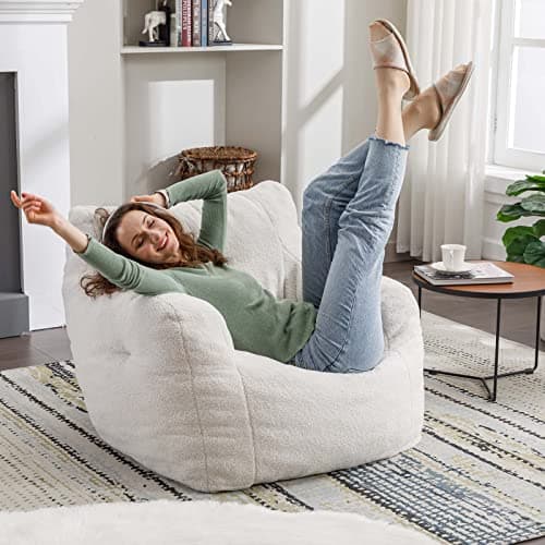 Modern Bean Bag Chairs for Adults & Kids in Ivory Fabric