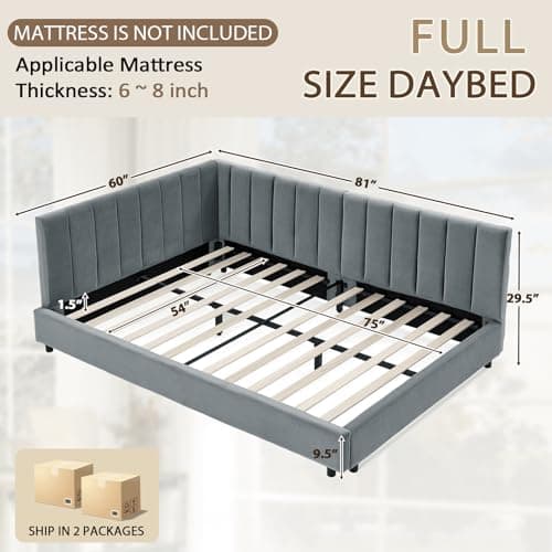 Antetek Gray Modern Tufted Velvet Full Size Corner Sofa Bed Frame
