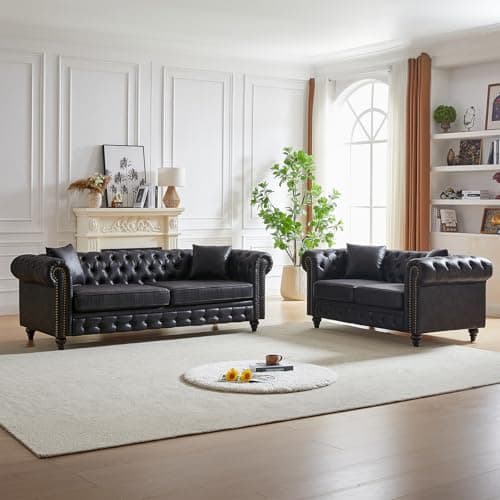 Modern Black Faux Leather Chesterfield Love Seat Sofa, 63.5-Inch With Rolled Arms and Tufting