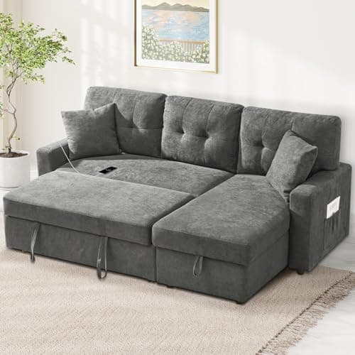 Ink Blue L-Shape Sofa with Storage & Pull-Out Bed USB Ports