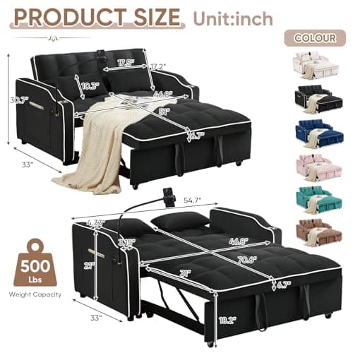 Modern Sleeper Sofa with USB & Type C Port - 3-in-1 Convertible Loveseat Futon for Living Room Apartment