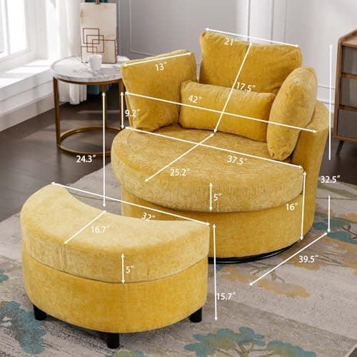 Antetek Green & Yellow Oversized Swivel Chair with Storage Ottoman