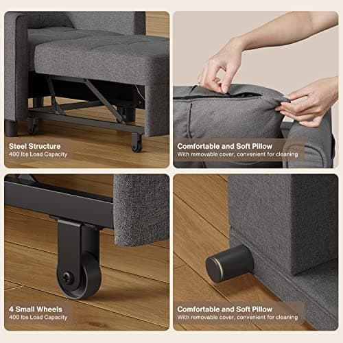 3-in-1 Convertible Futon Sofa Recliner, Dark Grey Linen Fabric Bed for Living Room Apartment