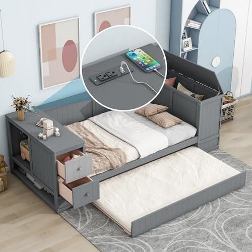 Harper & Bright Designs Gray Twin Daybed with Storage & Charging Station