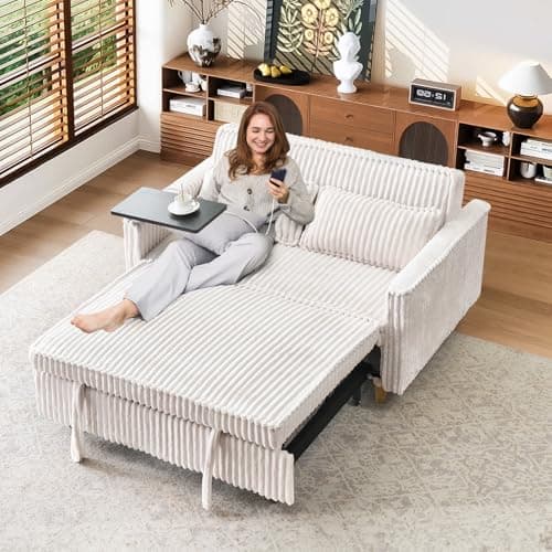 Antetek 3-in-1 Corduroy Convertible Sofa Bed, Gray with Movable Table & USB Ports