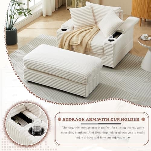 Modern Oversized Chaise Lounge Chair with Cup Holders for Living Room or Bedroom