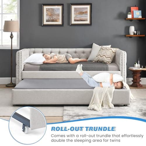 Antetek Modern Upholstered Full-Size Daybed with Trundle for Bedroom and Living Room (Beige)