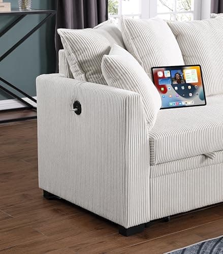 Eafurn Reversible Corduroy L-Shaped Sleeper Sectional With Chaise, USB Ports, Living Room Sofa Bed