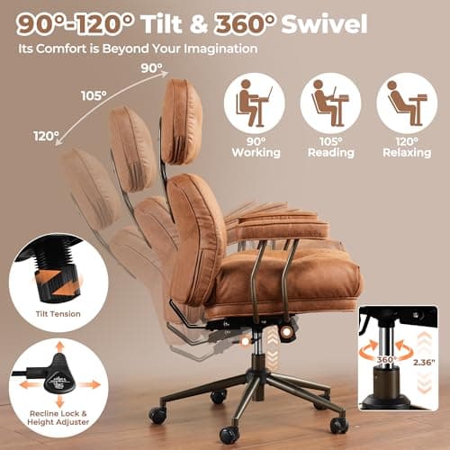 Ovios Mid-Century Modern Brown Suede Executive Chair with Thick Cushions and High Back