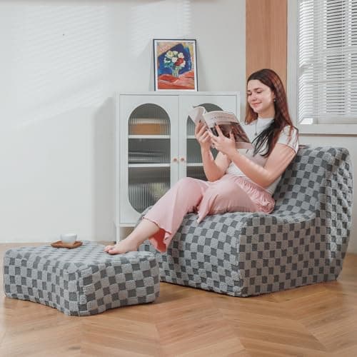 Cement Gray Bean Bag Chair with Footstool, Modern Lazy Sofa for Adults