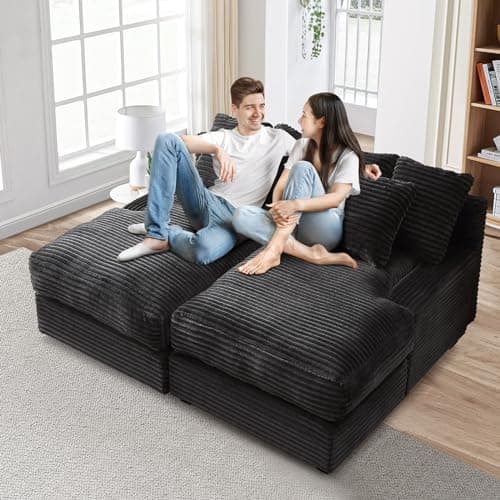 Antetek Black Corduroy Double Chaise Lounger Couch