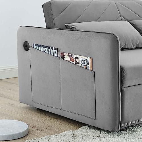Modern Velvet Sleeper Sofa Bed with USB Port for Small Spaces in Grey