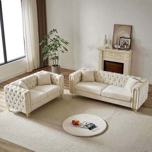 Modern Chenille Living Room Furniture Set with Copper Nail Trim, Beige