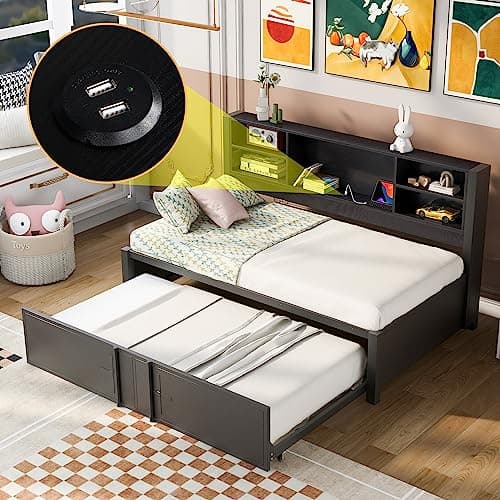 Upholstered Daybed with Trundle and Wood Slat Support, Gray