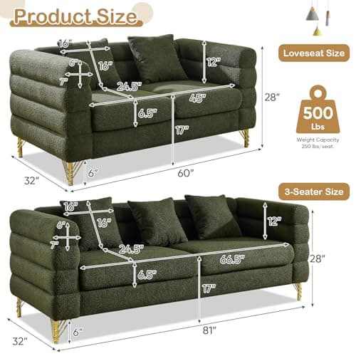 Modern 81-inch Couch + 60-inch Loveseat in Green Teddy Fabric