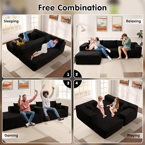 Ovios 104" L-Shape Chaise Cloud Sectional Sofa, Black (Corduroy Fabric)
