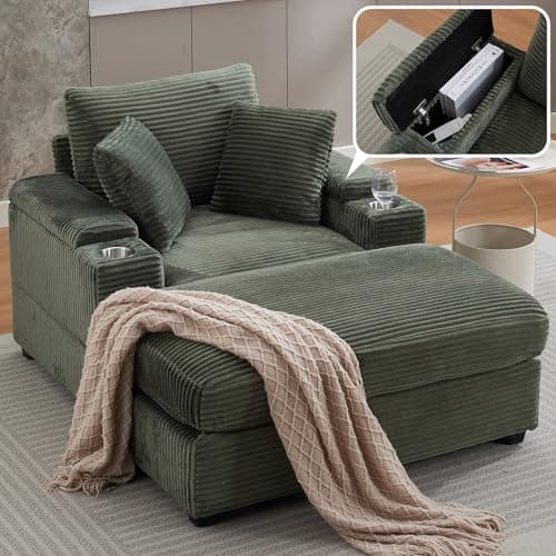 Oversized Grey Corduroy Chaise Lounge with Storage & 2 Pillows, 2 Ottomans, Cup Holder & USB Port