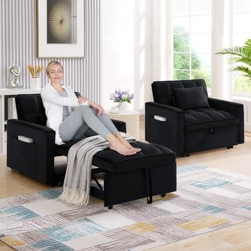 Black Modern Velvet Sleeper Sofa Chair Bed with Adjustable Backrest